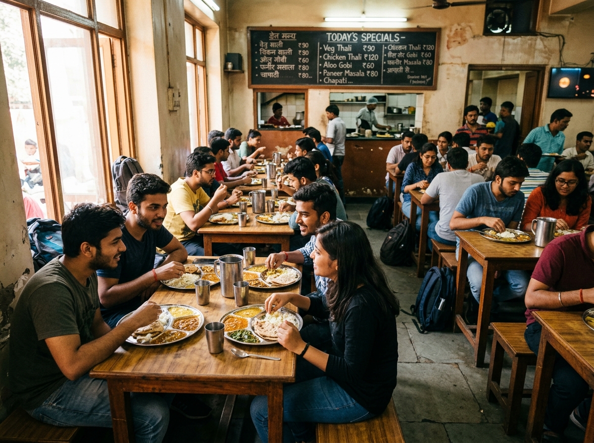 Students eating at a local Indian mess
