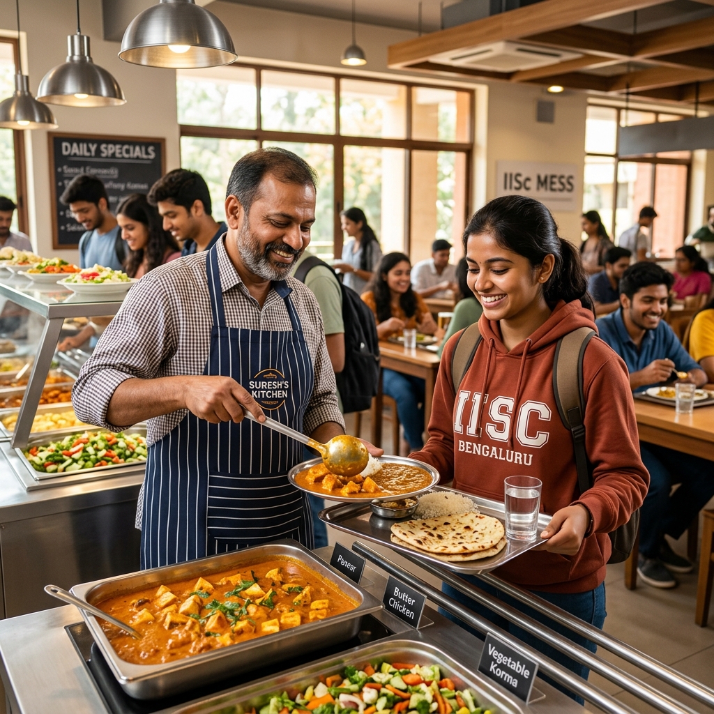 Mess owner serving food to a student